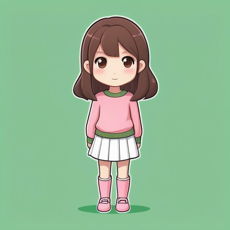 极简全身Q版动漫女孩与绿色纯色背景