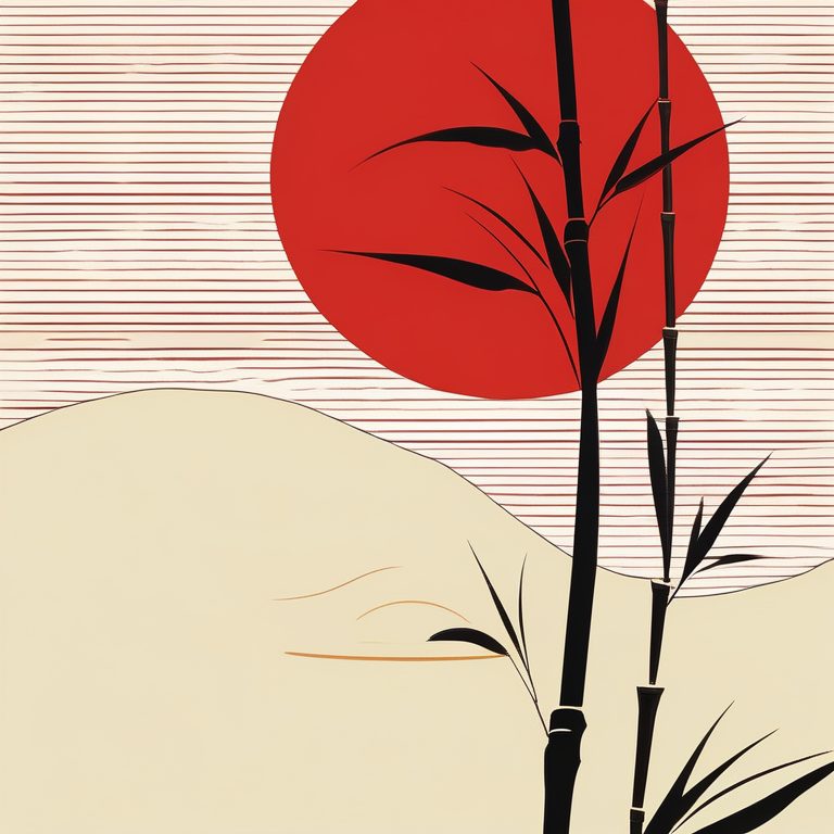 极简日式木版画风·红色太阳单一竹