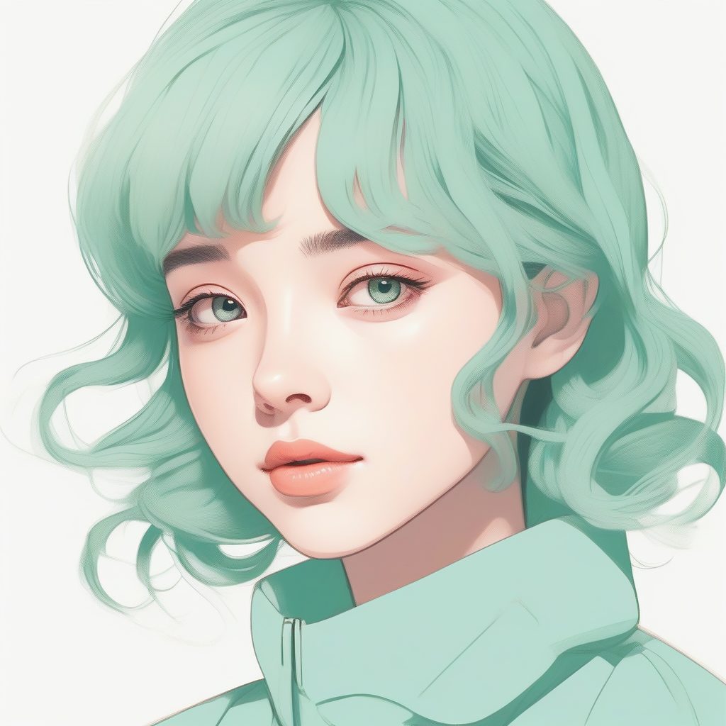 极简赛璐珞：薄荷绿马卡龙色动漫少女肖像
