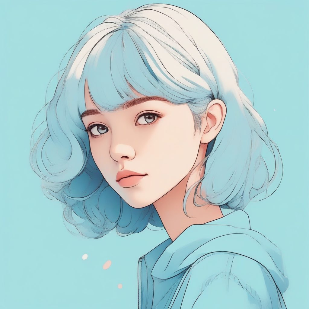 极简赛璐珞风格：马卡龙色调平静蓝发少女头像