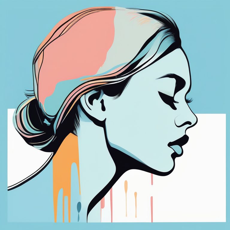 极简色彩滴落插画：一个女青年侧面头像