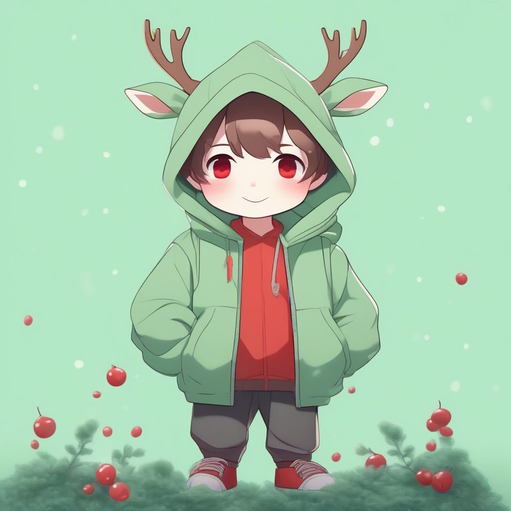 极简森林系Q版鹿少年：拥抱浆果枝条的卡哇伊全身像