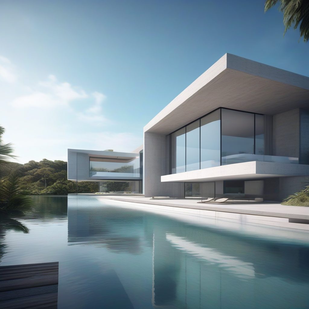 极简奢华：海滨玻璃别墅的现代主义建筑立面渲染