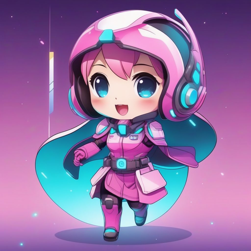 极简矢量风Q版太空送货员女孩插画：未来感动漫角色全身站立提示词