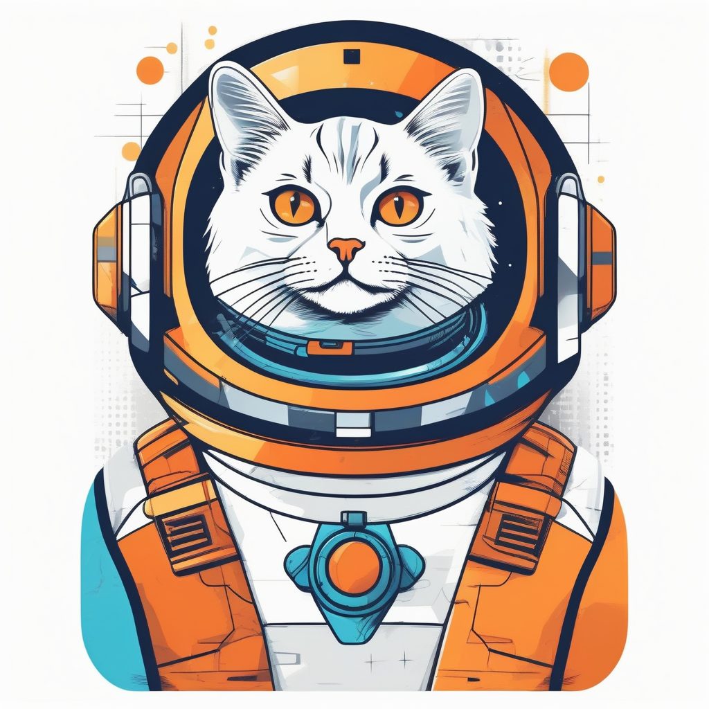 极简矢量宇航猫 T恤印花设计：纯色块图形艺术