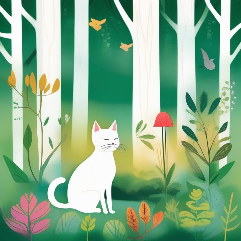 极简手绘猫咪与森林:水彩风景
