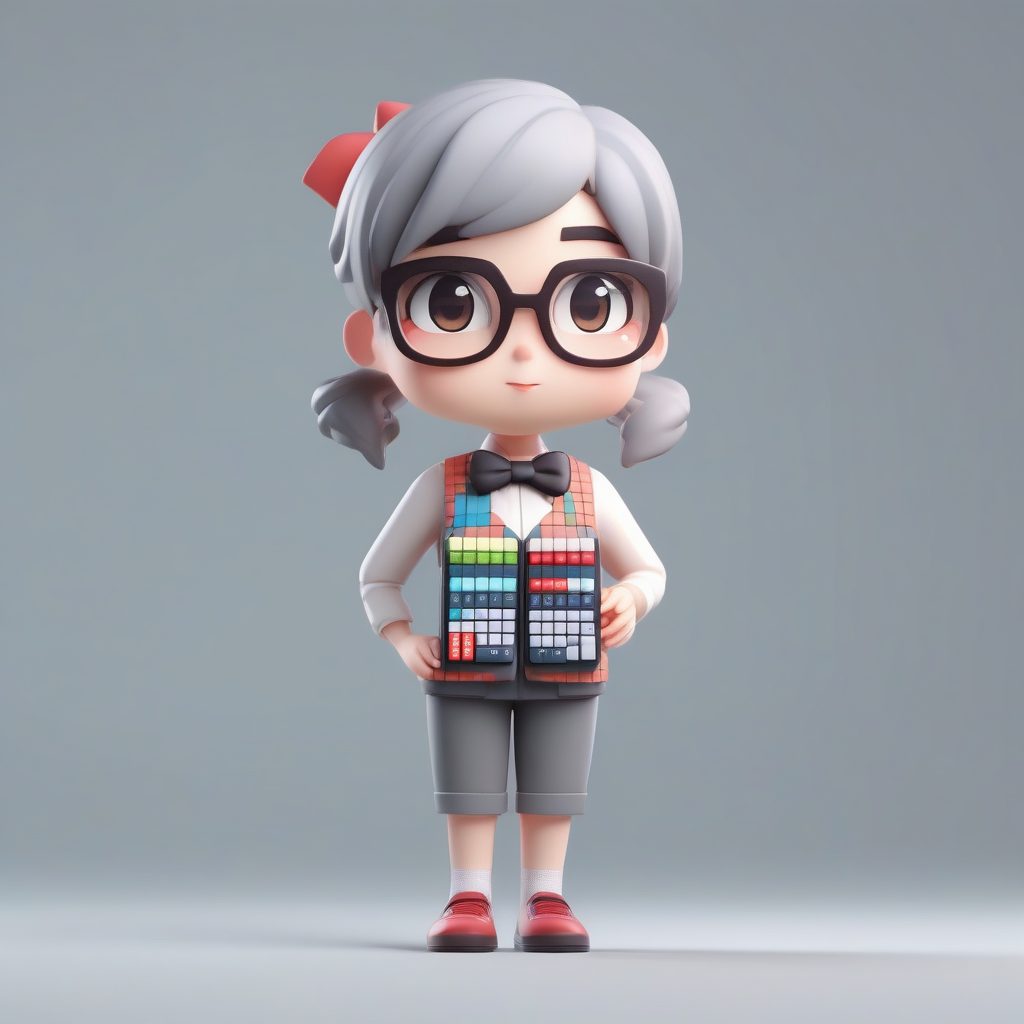 极简数学教师：高光泽3D渲染，手持巨型计算器的盲盒公仔站姿