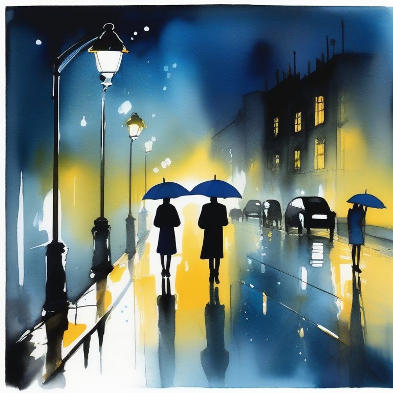 极简水彩风下雨城市夜景