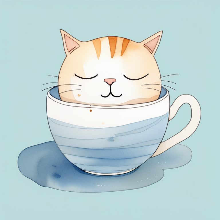 极简水彩猫咪与咖啡杯插画