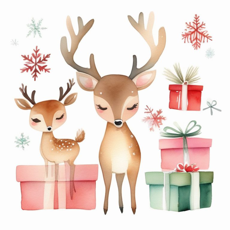 极简水彩圣诞小鹿与礼物插画
