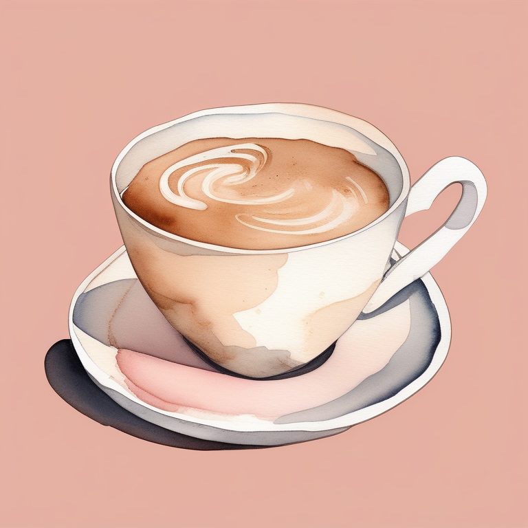 极简水彩素描插画:一杯热拿铁咖啡配简约裸粉背景