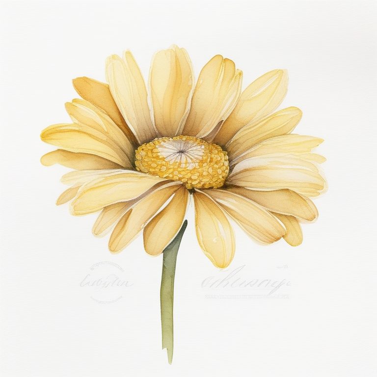 极简水彩素描插画:一朵小雏菊花配素净米白背景