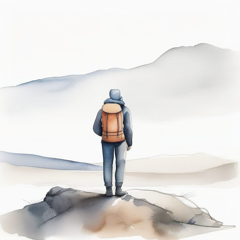 极简水彩素描插画:一个孤单旅行背包客在浅灰色背景