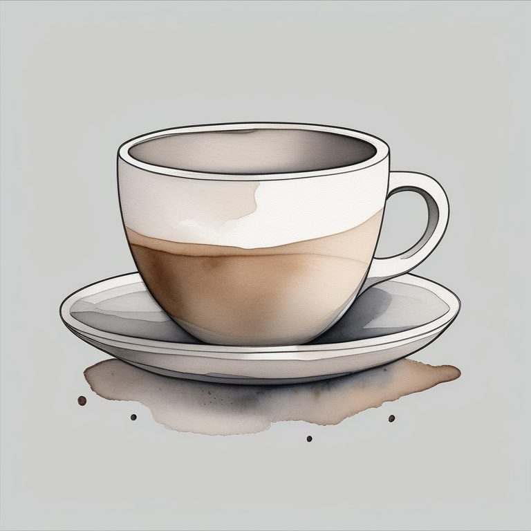 极简水彩素描插画:一个咖啡杯在灰色纯色背景上