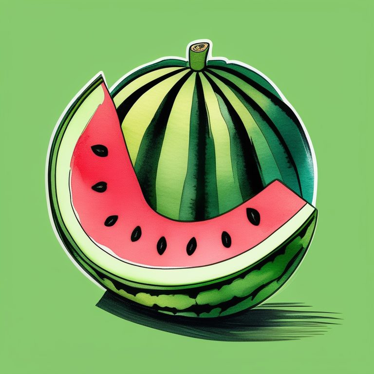 极简水彩素描插画：一颗西瓜在绿色纯色背景上