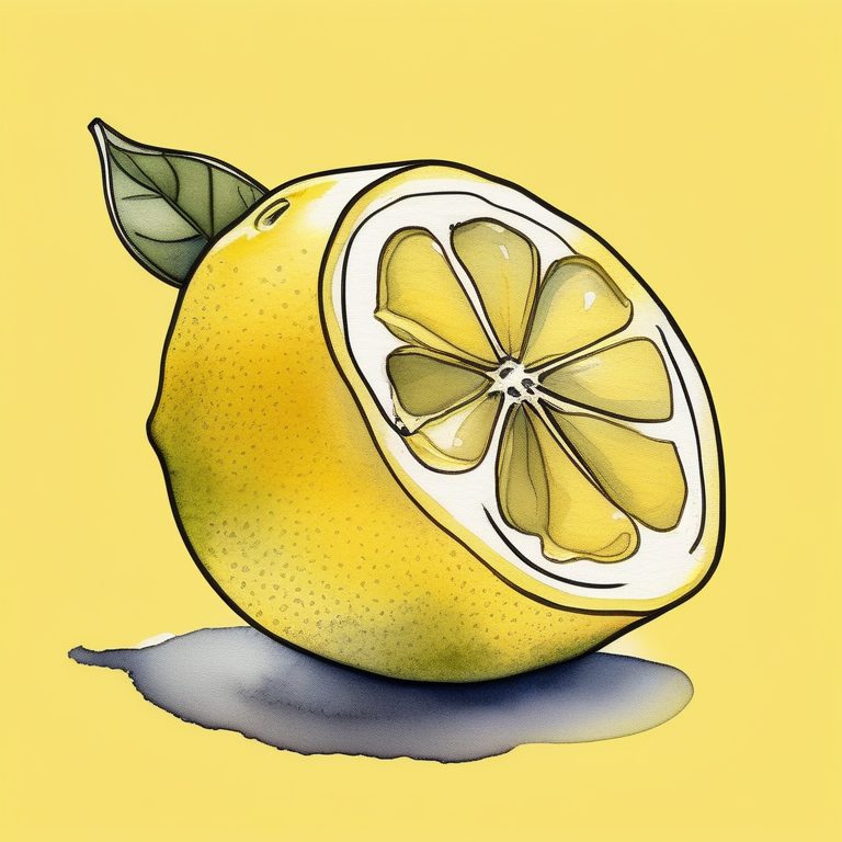 极简水彩素描插画：一枚柠檬在亮黄色背景上