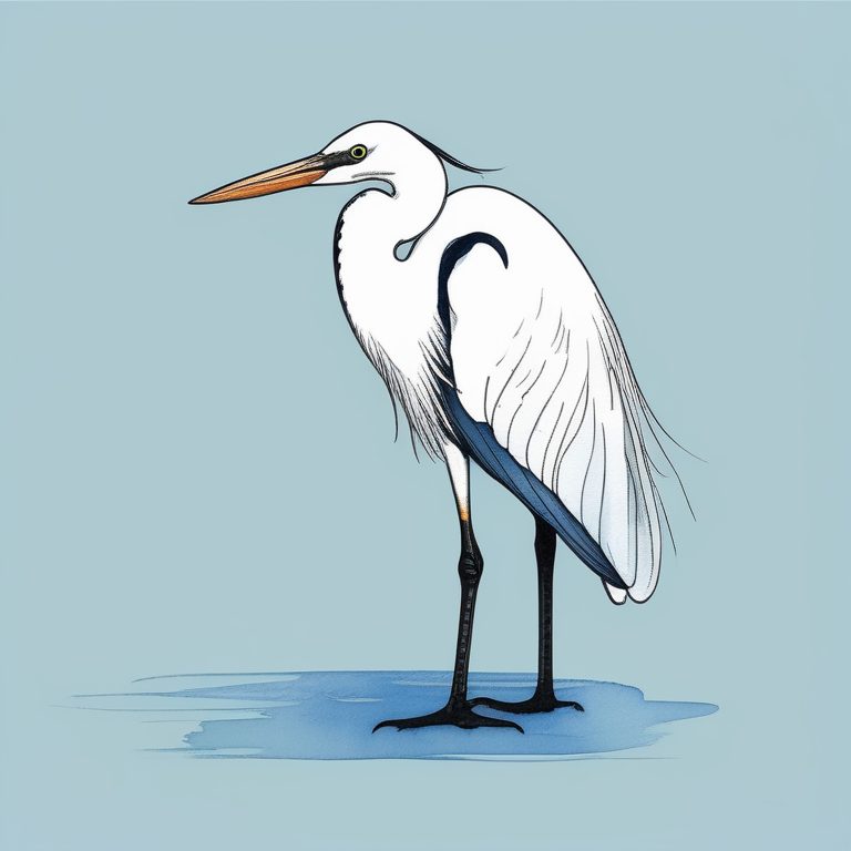 极简水彩素描插画:一只白鹭站在蓝色纯色背景上