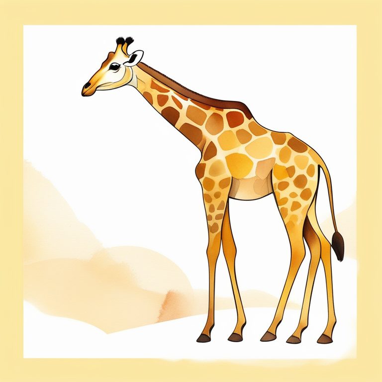 极简水彩素描插画:一只长颈鹿在黄色纯色背景上