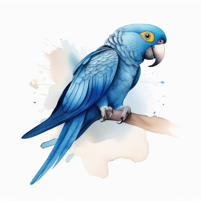 极简水彩素描插画:一只蓝色鹦鹉