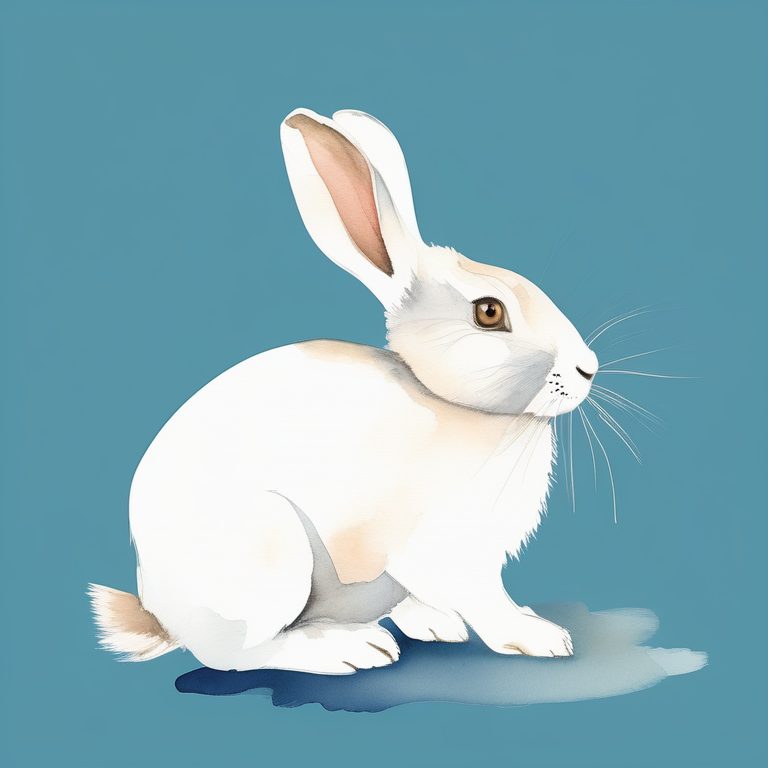 极简水彩素描插画:一只坐姿兔子与温柔蓝色背景