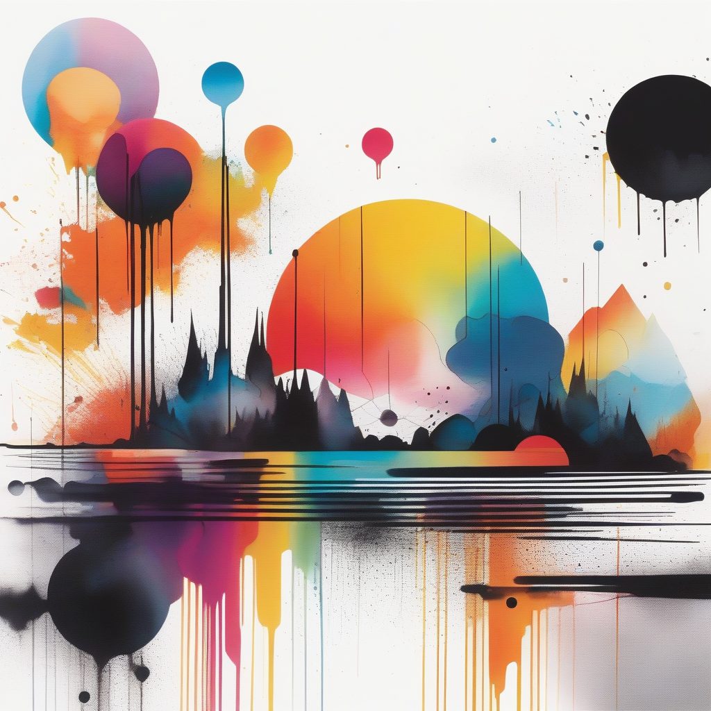 极简调色板风景：彩虹水彩泼溅与抽象几何的动态融合