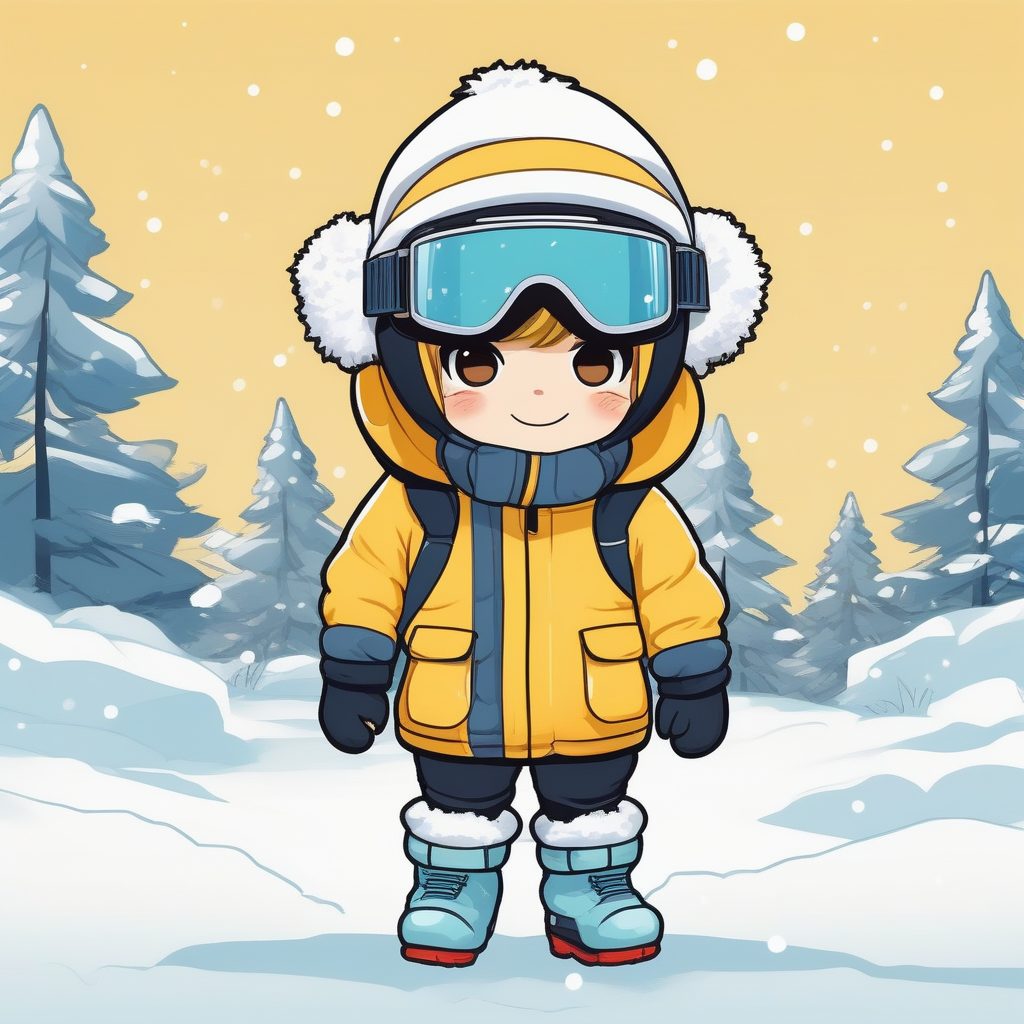 极简图形风Q版冬季运动男孩插画：高饱和度扁平设计动漫提示词