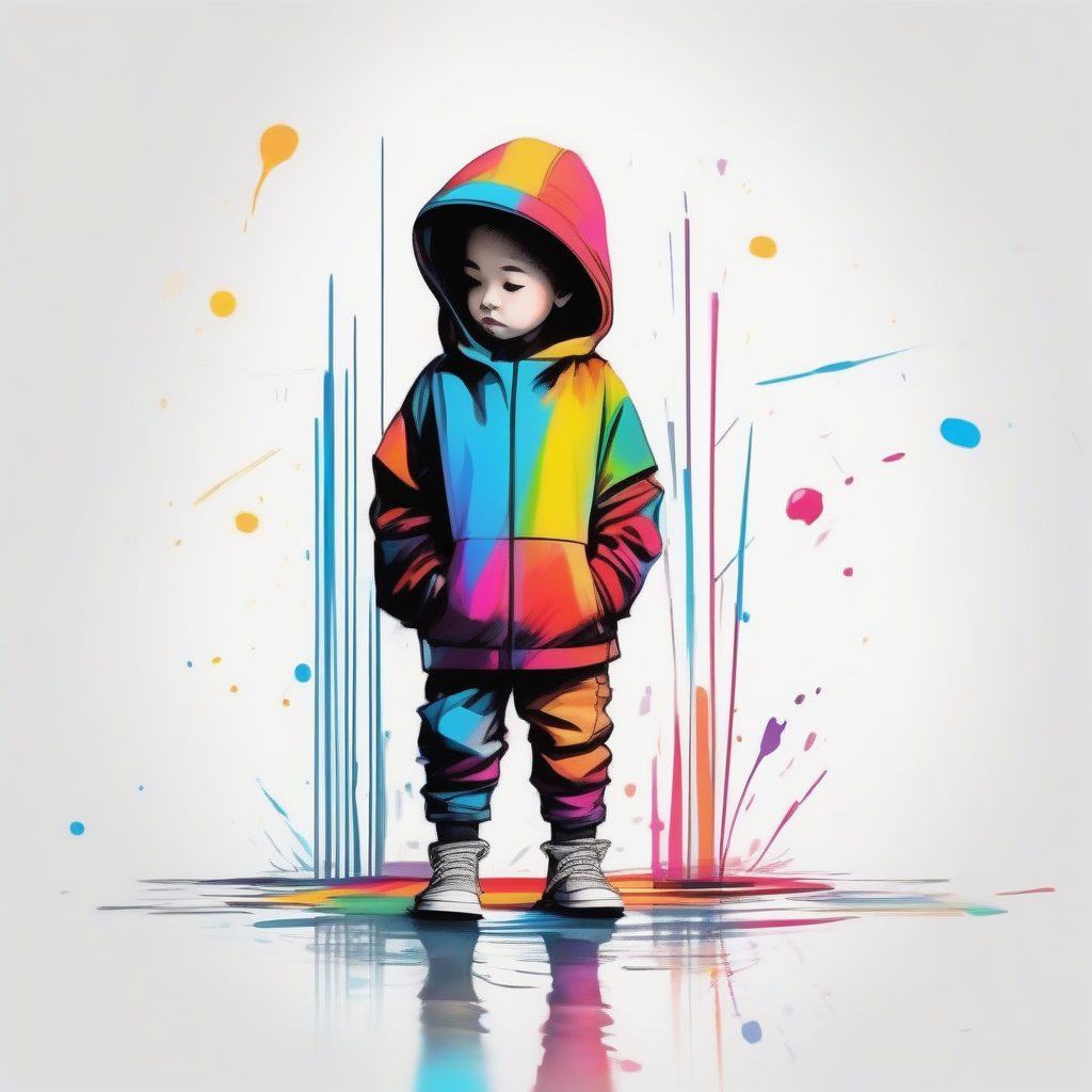 极简图形风Q版模特:高对比度线条与脚边水彩聚集