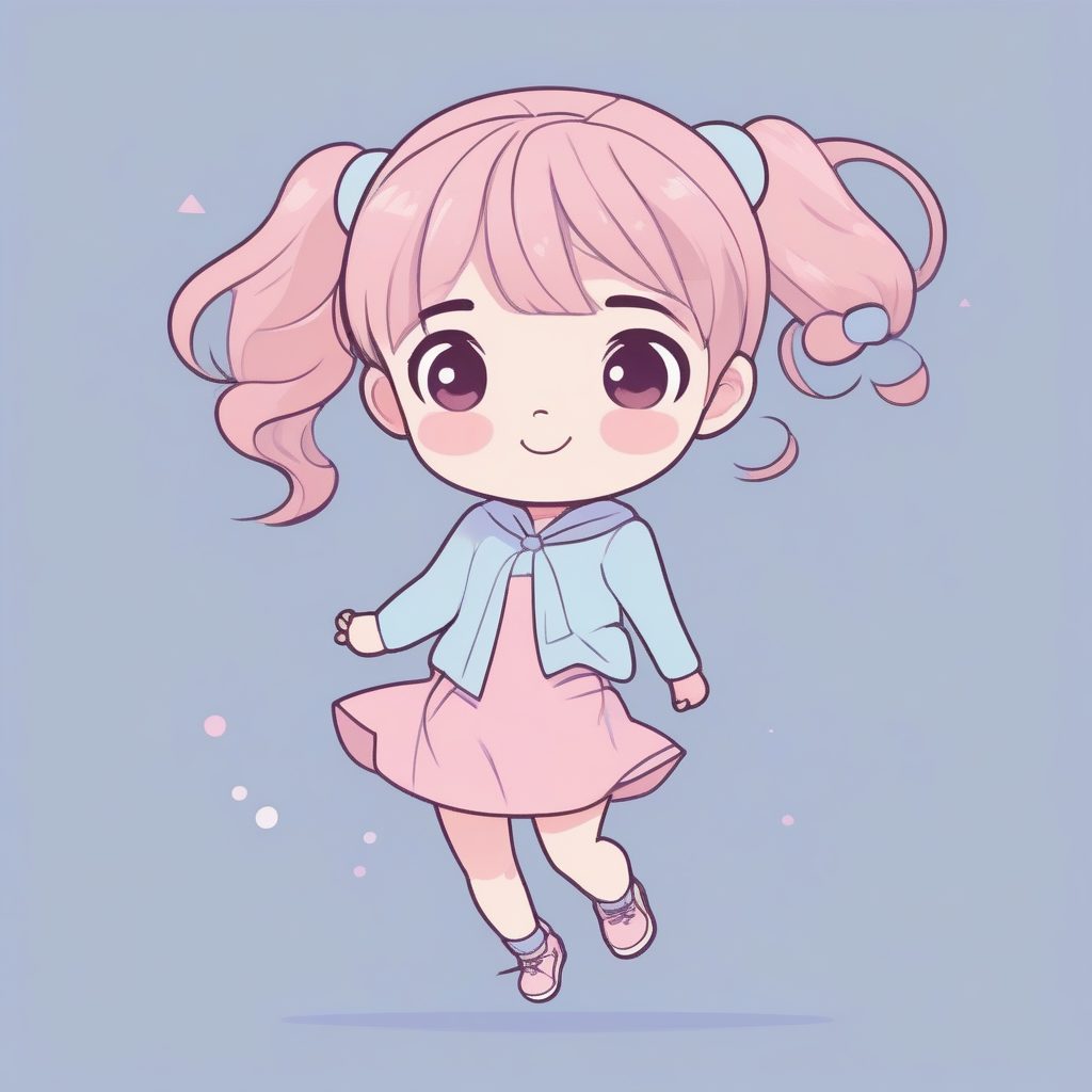 极简涂鸦风Q版双马尾女孩：粉彩系全身跳跃提示词