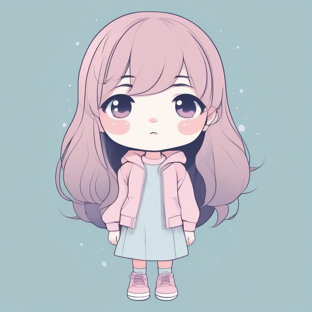 极简涂鸦风：圆润线条Q版女孩，夸张生气表情特写全身图