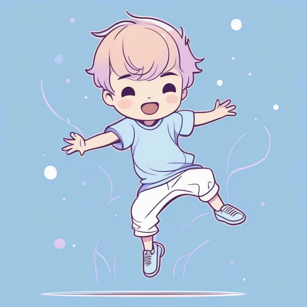 极简涂鸦：Q版男孩夸张跳跃，柔和粉蓝治愈系插画提示词