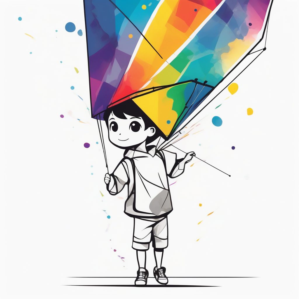 极简线条Chibi男孩：高对比度几何风筝，动态水流