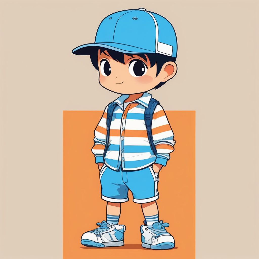 极简线条戴蓝色棒球帽的Q版男孩全身像