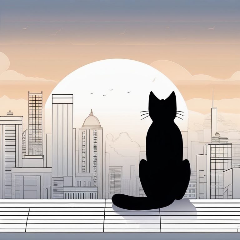 极简线条猫咪于城市屋顶