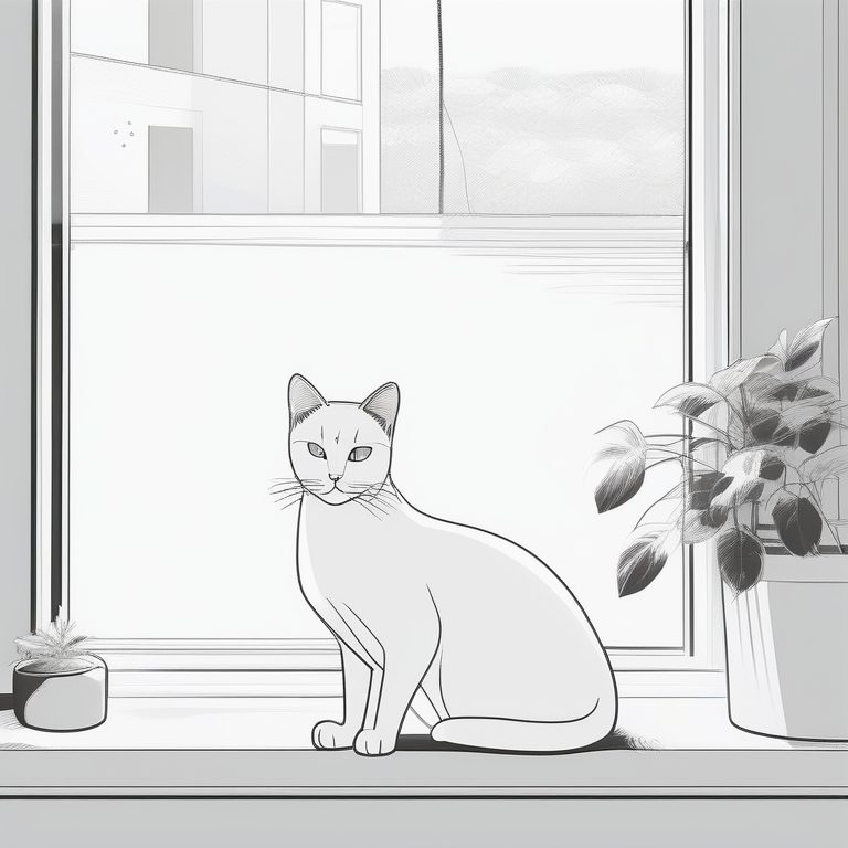 极简线条猫咪在窗边的清晨插画