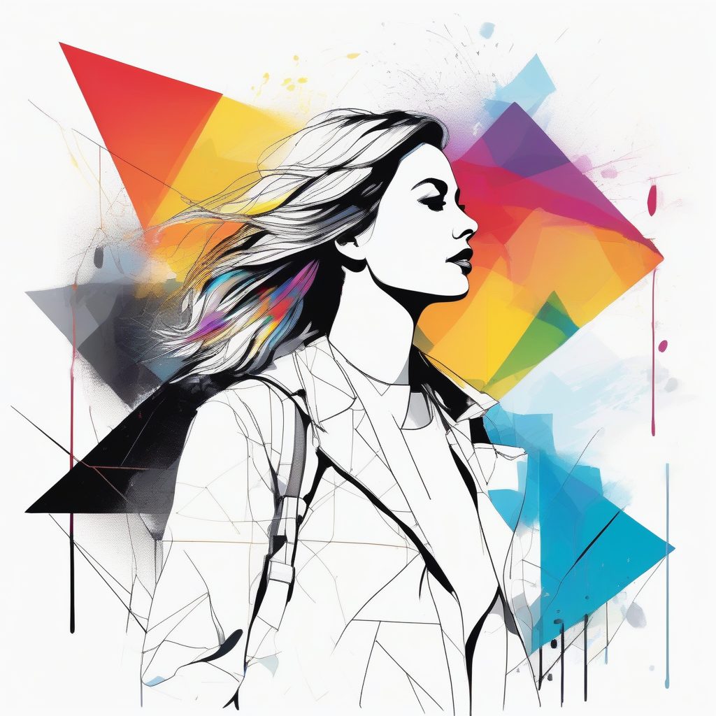 极简线条下的时尚都市女性：动态几何与彩虹水彩融合