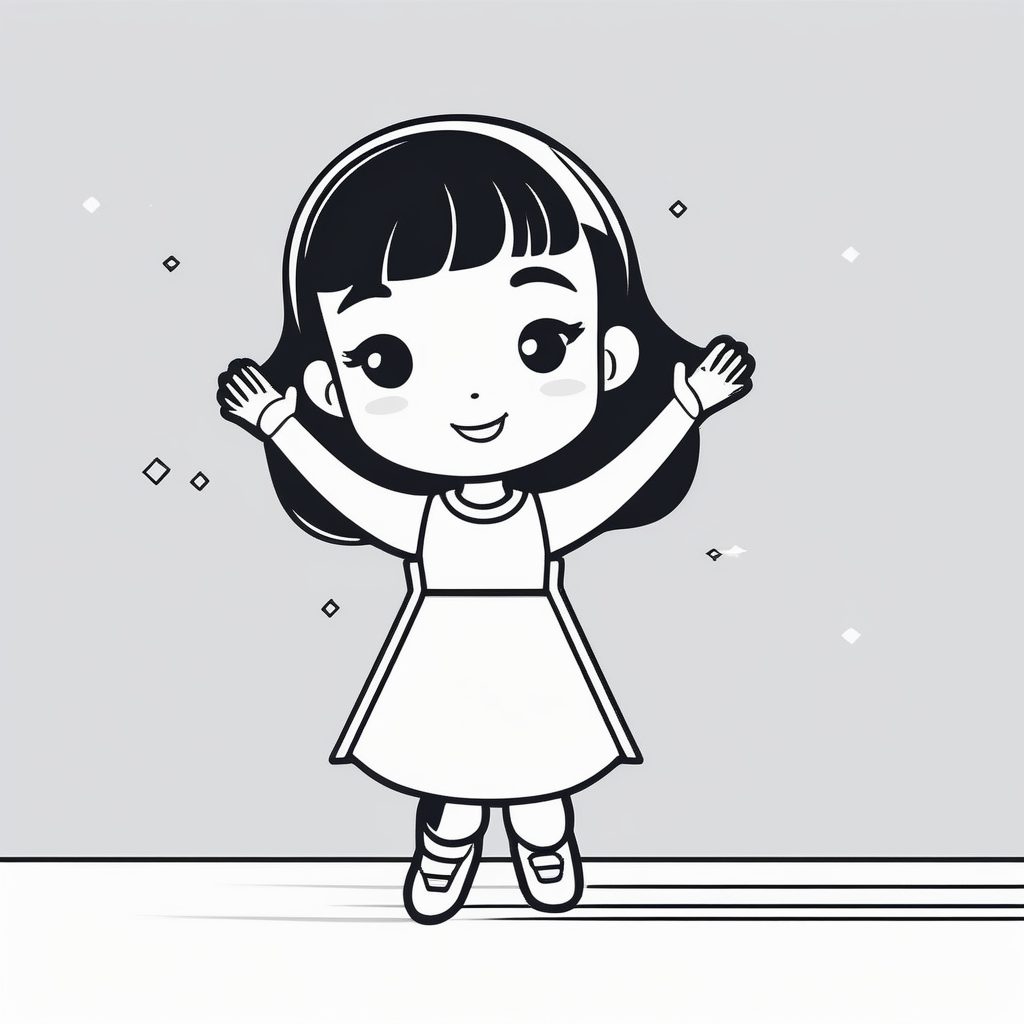 极简线条艺术：开心挥手Q版女孩扁平插画设计