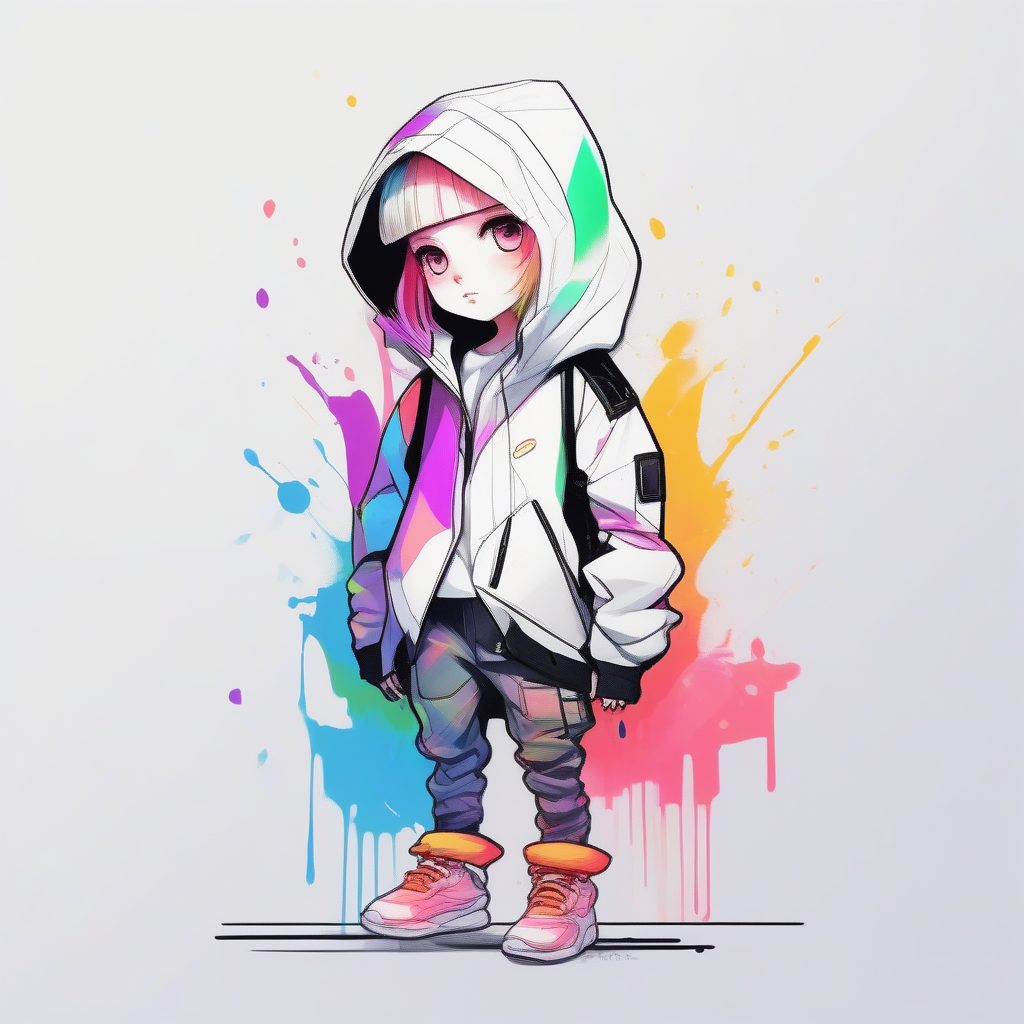 极简线条艺术Q版街头女孩：彩虹水彩滴落与黑墨轮廓全身像