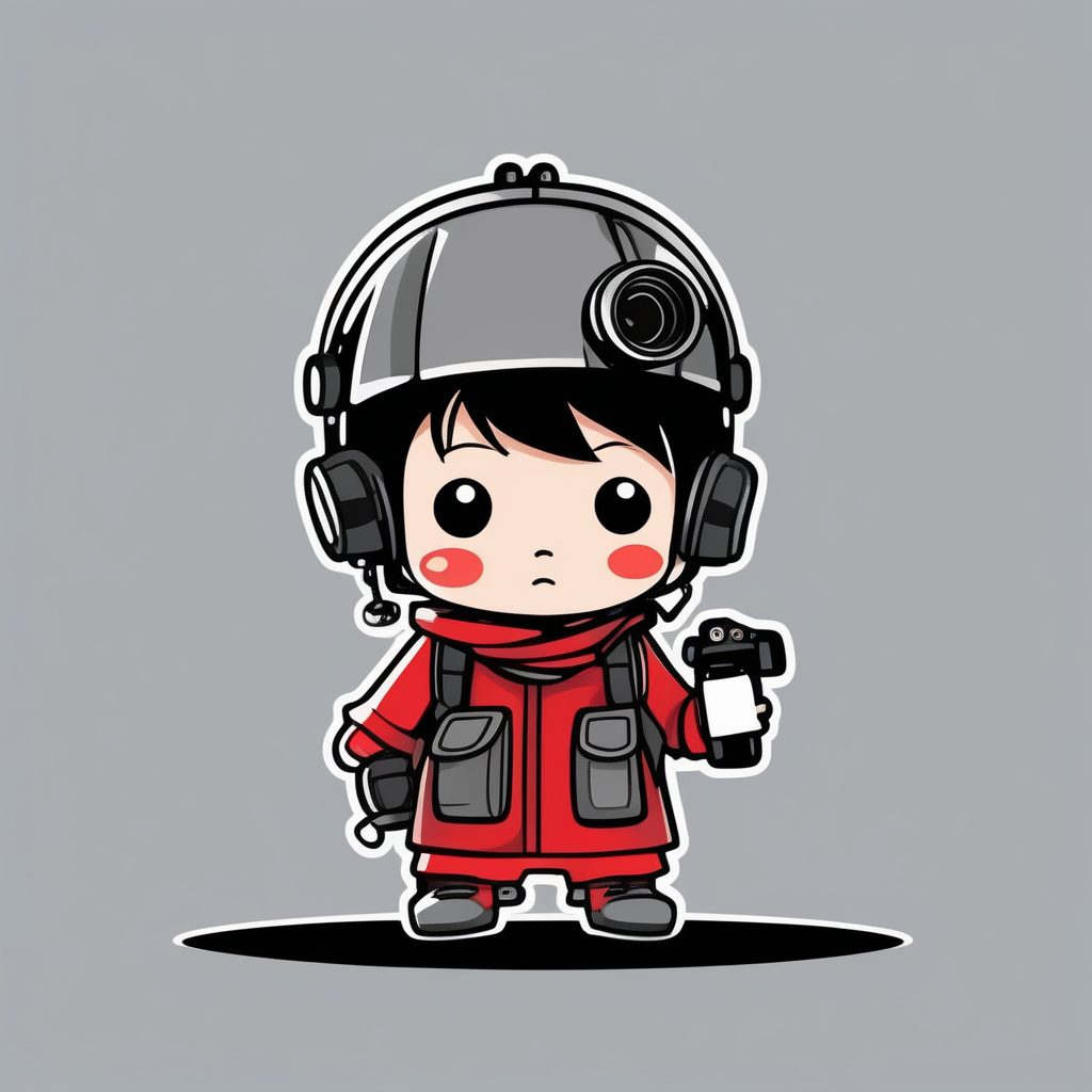 极简线条艺术Q版男孩：复古摄影师全身站立AI提示词