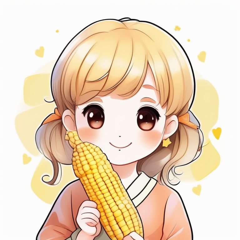 极简向日系水彩插画风小女孩和玉米棒