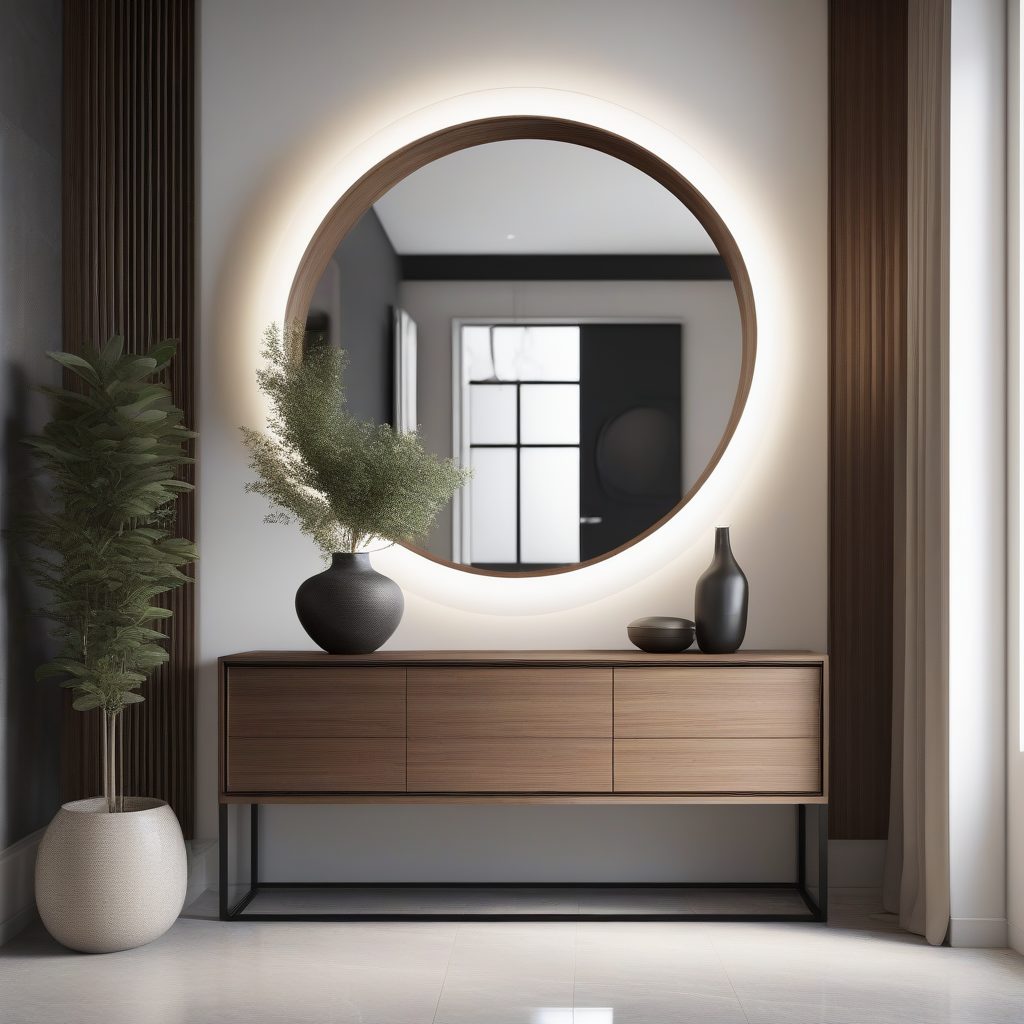 极简玄关设计：悬浮柜体与圆形镜面的干净利落第一印象