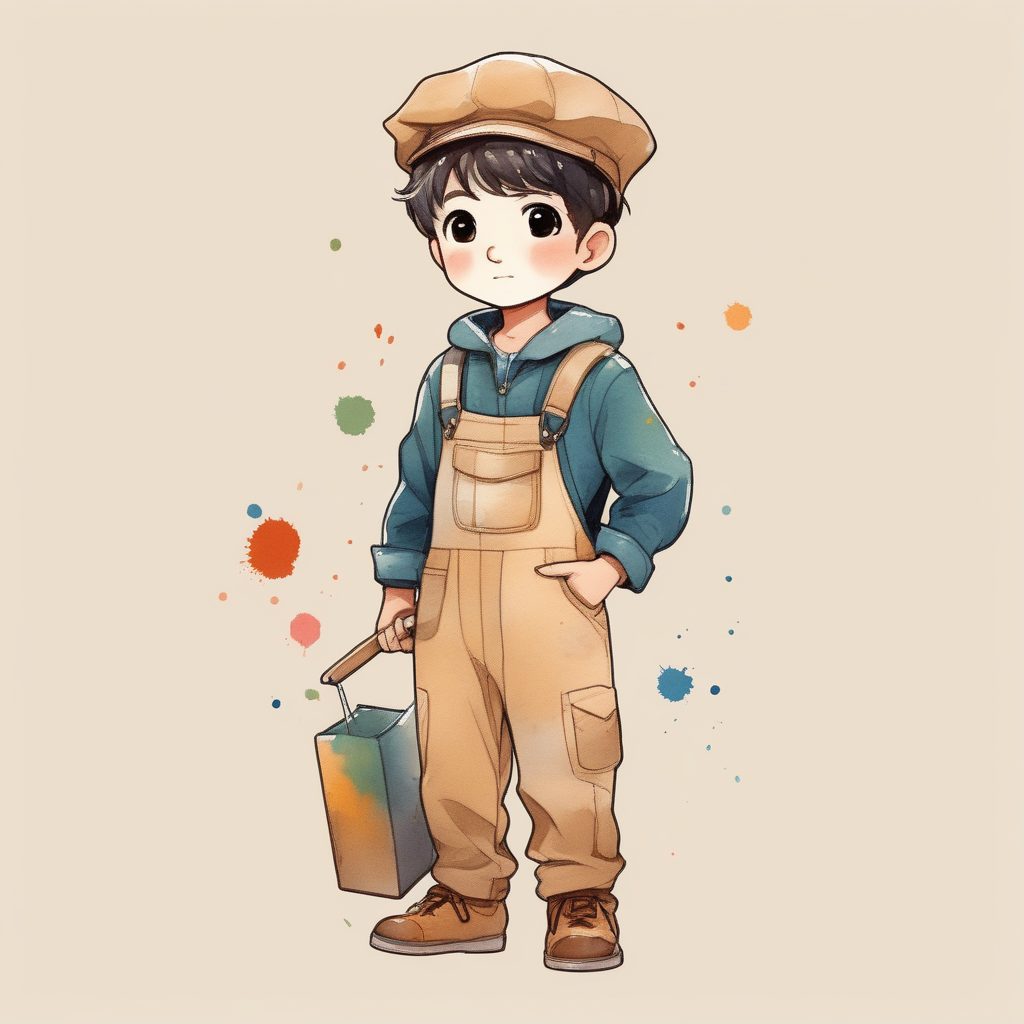 极简艺术风格Q版画家男孩2D插画提示词：温柔气质与纯色背景