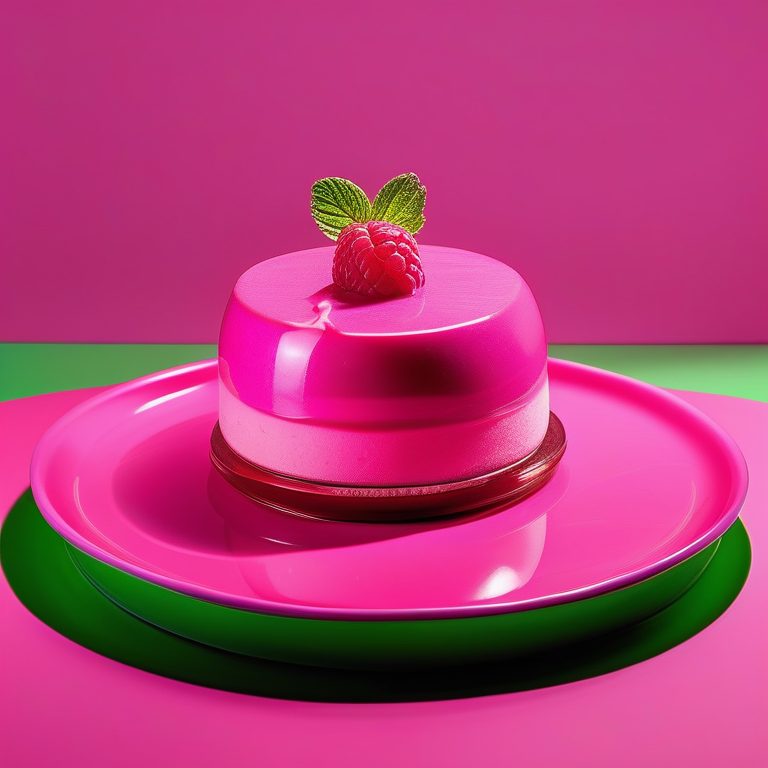 极简荧光Y2K风格食品特写:一个覆盆子慕斯