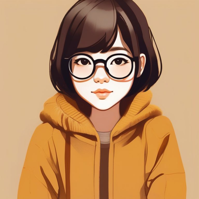 极简油画风 一只戴眼镜的Q版女孩 温暖黄色调