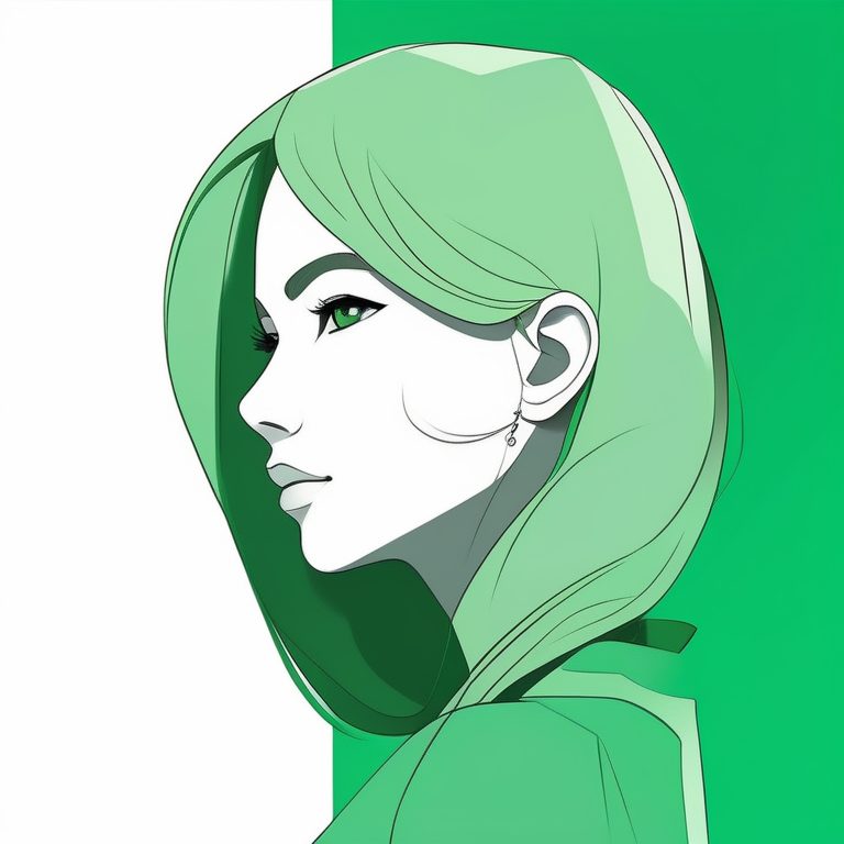 极简主义二次元女孩肖像,绿色纯色背景,侧脸视角