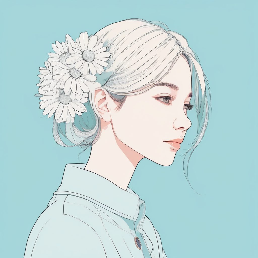 极简主义赛璐珞风格：手持小花的侧脸少女肖像