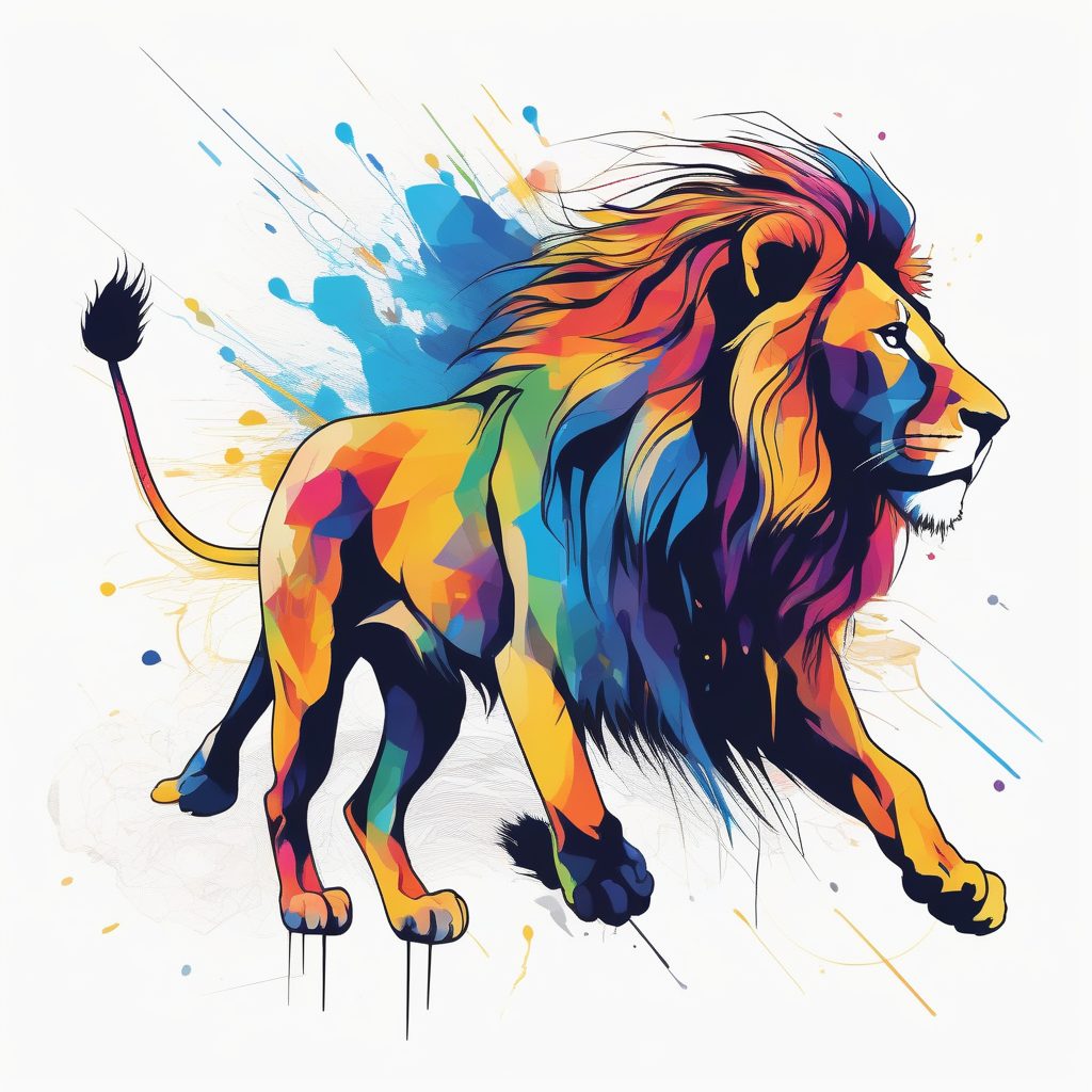 疾速奔跑的几何雄狮：彩虹墨水爆发