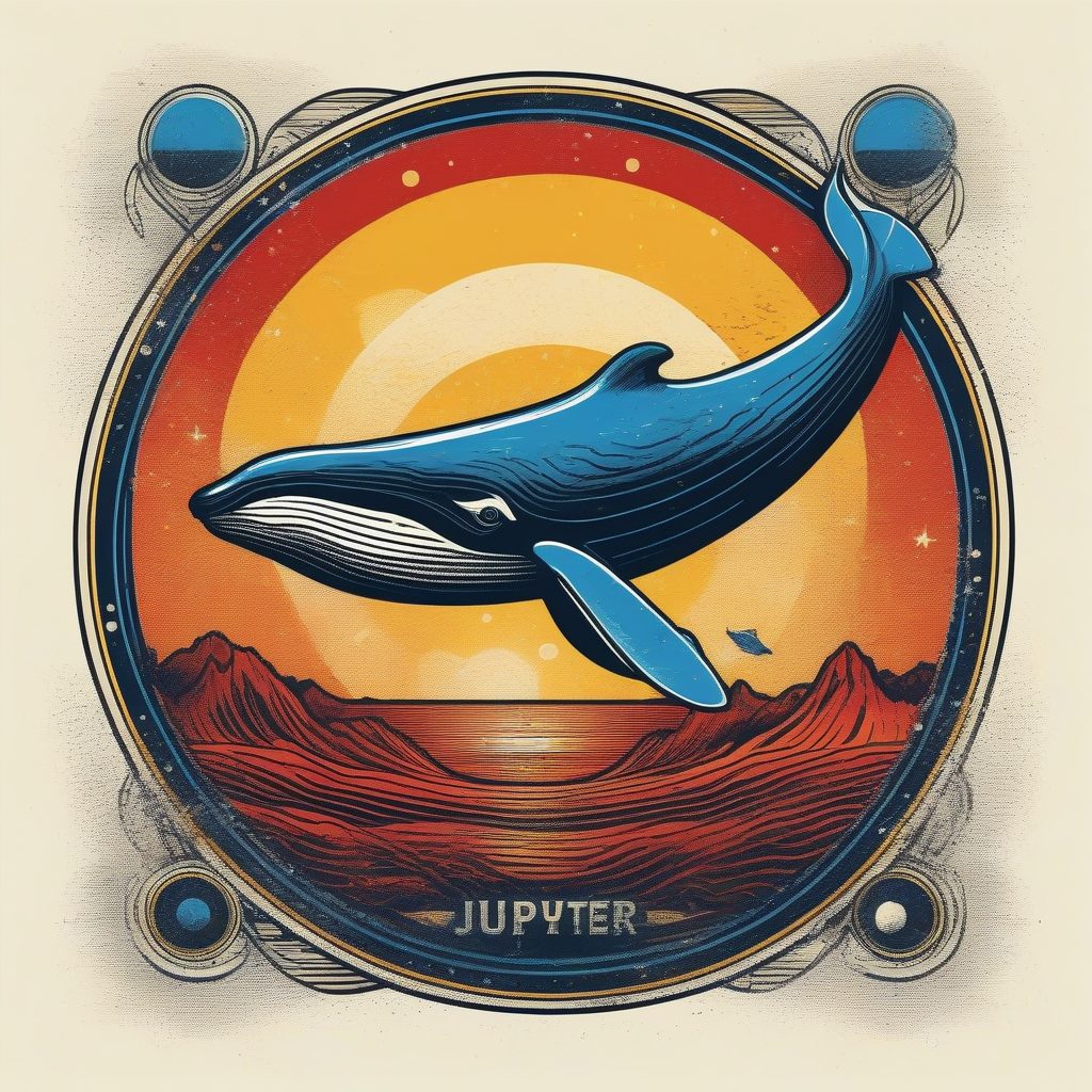 极致复古徽章：1970年代科幻风宇宙鲸鱼T恤印花设计