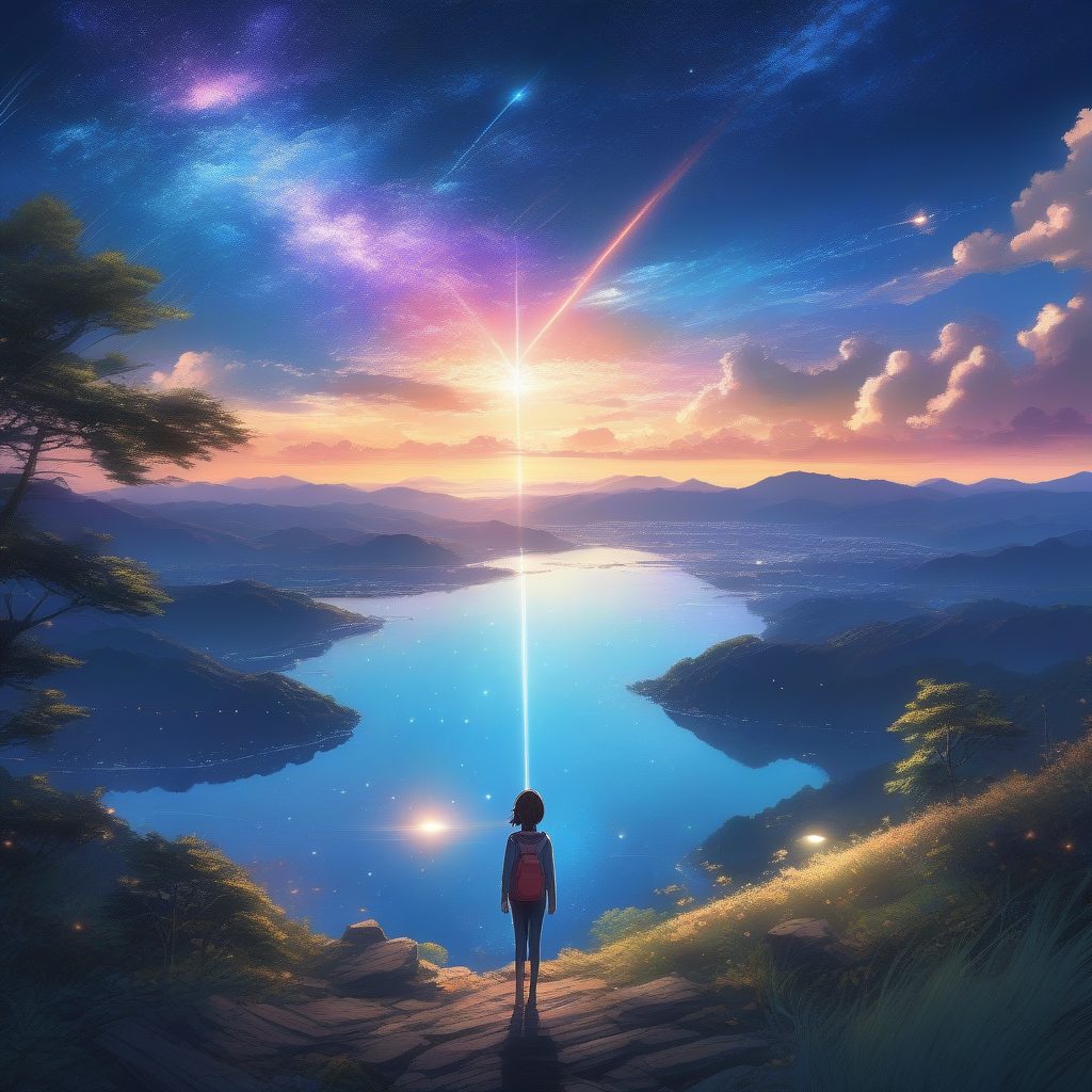 极致光影新海诚风：仰望流星雨的少女与宁静湖畔