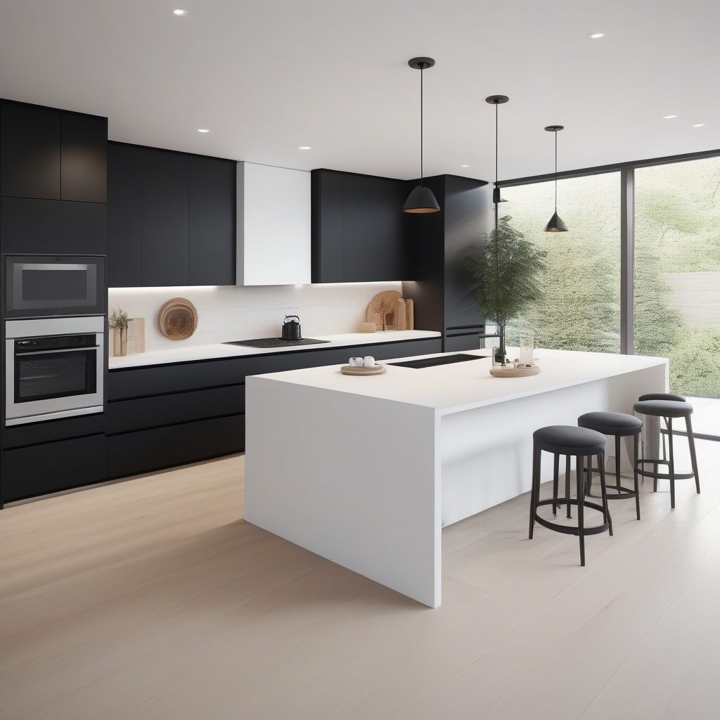 极致简约厨房：无把手设计与黑白石英台面的完美结合