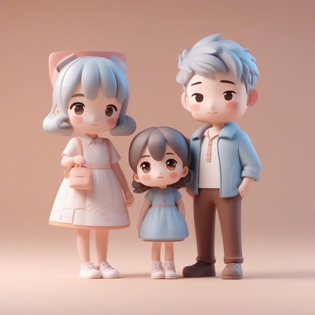 家庭Q版三口之家AI绘画提示词：粘土材质Pop Mart风格，萌翻全家福